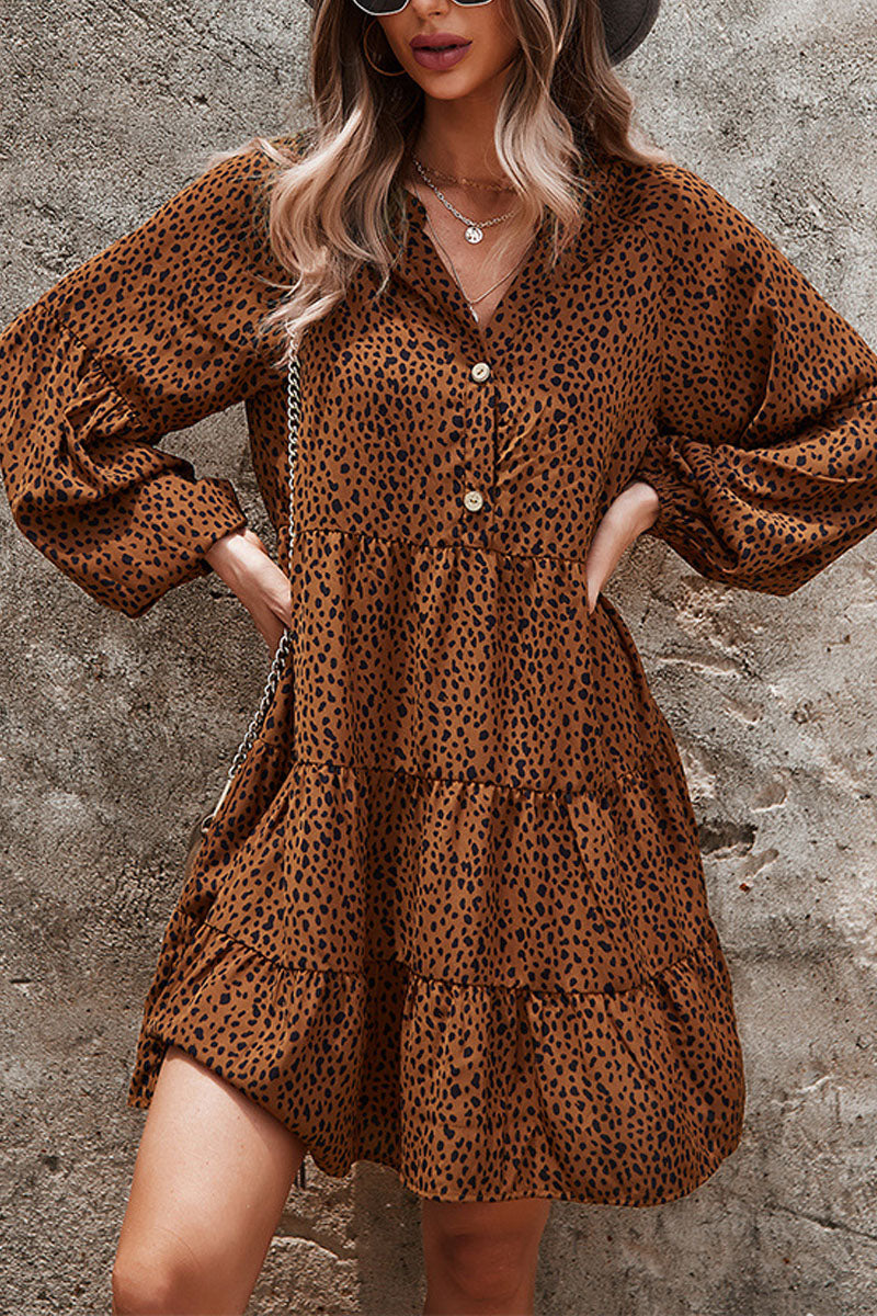 V Neck Leopard Print Button Design Loose Mini Dress