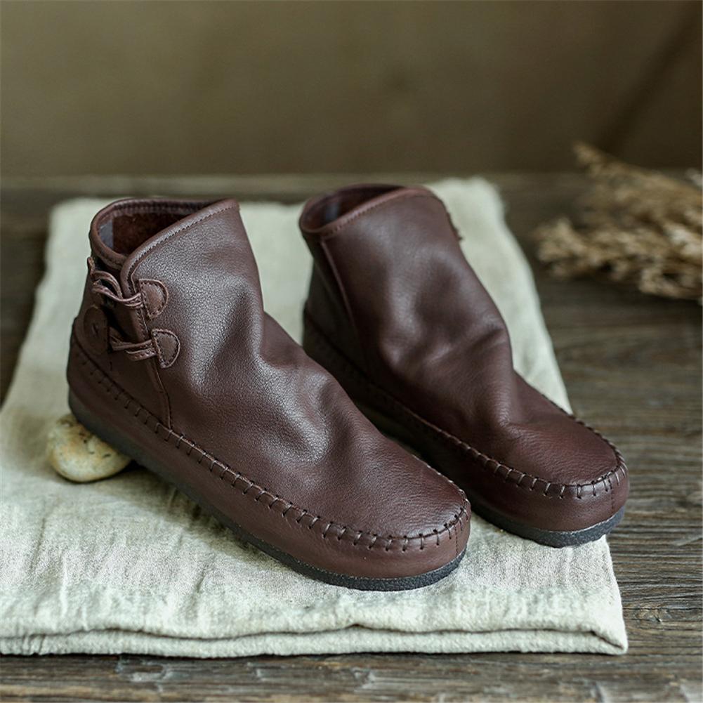 Retro Handmade Leather Ankle Booties For Women Low Heel Winter Casual Boots Yellow/Brown/Coffee