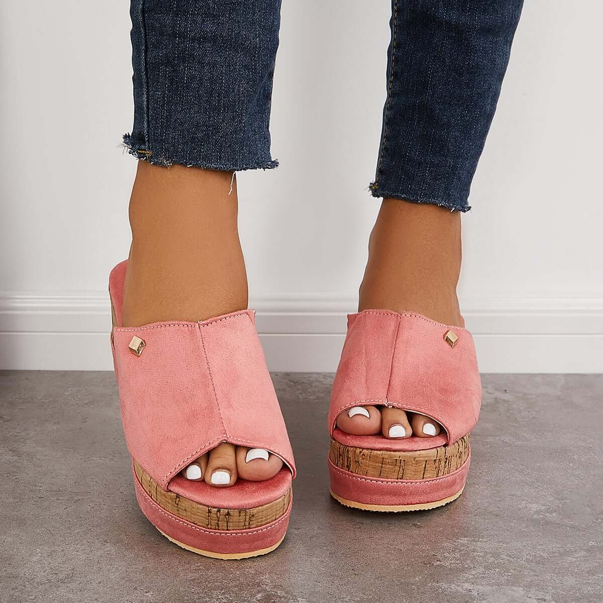 Comfortable Cork Footbed Slip-on Sandals Platform Wedge Slippers