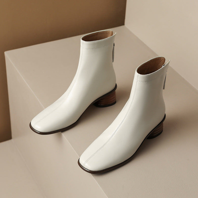 Classic Elegant Chelsea Boots Mid Heel Back Zipper Stretch Boots Square Toe Sock Boots White/Khaki