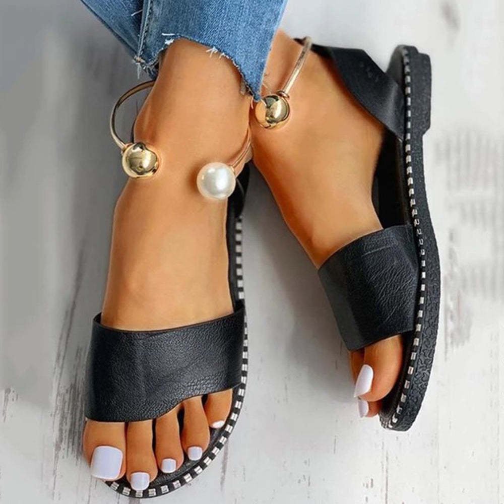 Fashion Casual Open Toe Pearl Decor Flat Sandals