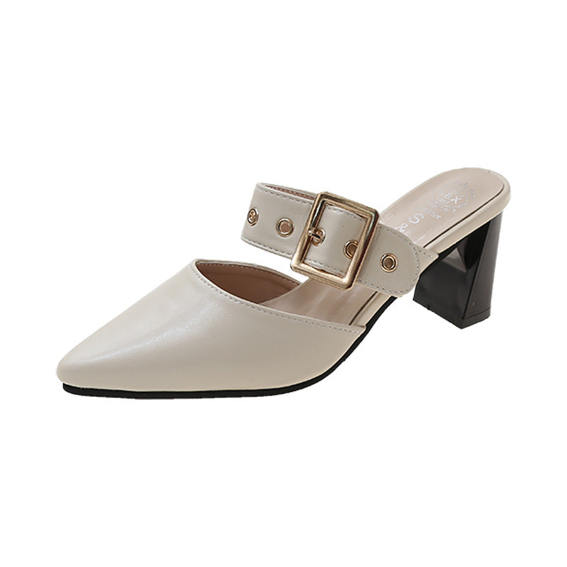 Women's Cap Semi High Chunky Pointed Belt Sandals