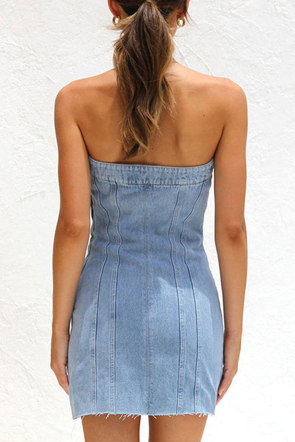 VINTAGE DISTRESSED BANDED STRAPLESS DENIM BODYCON MINI DRESS - LIGHT BLUE