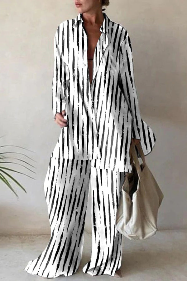 Fashion Print Loose Long Sleeve Shirt + Straight Pants Two Piece Set