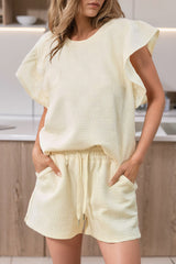 Apricot Textured Ruffled Sleeve Tee and Drawstring Shorts Set