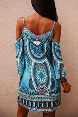 Bohemian Print Bell Sleeve Cutout Off-Shoulder Slip Dress