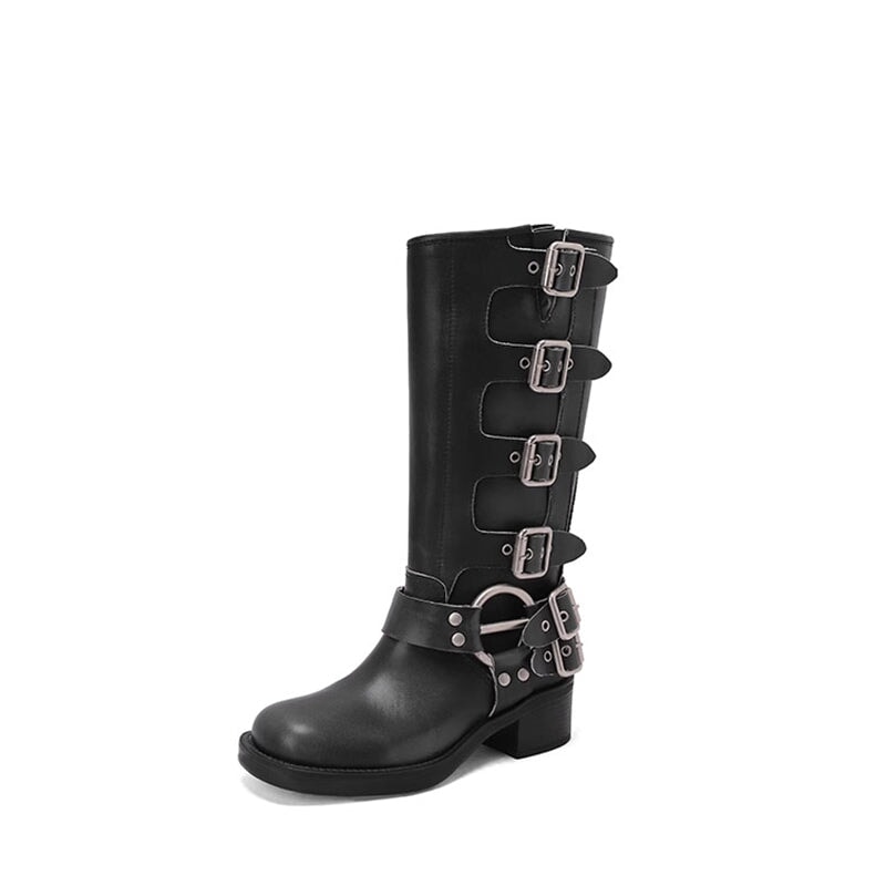 All Leather Tall Boots For Women With Buckles Western Cowboy Boots Riding Boots Big Square Toe