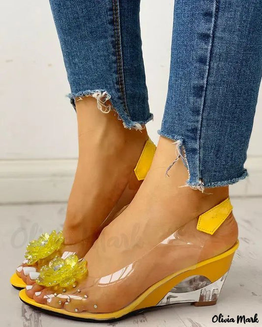 Rhinestone Flower Pattern Transparent Wedge Sandals