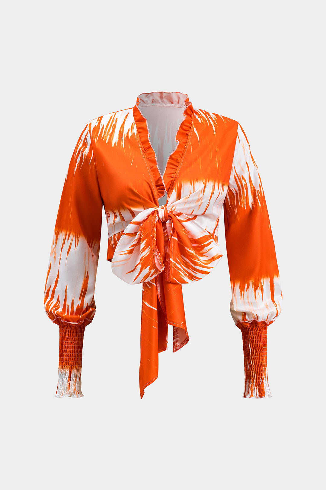 Tropical Pattern Ruffle V-Neck Tie Front Top And Ruched High Waist Wide Leg Pants Set