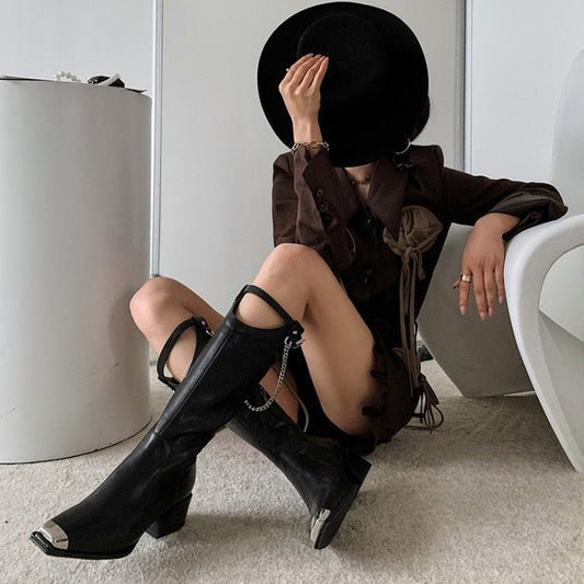 Riding Boots for Women In Black Leather Square Toe- Embellished leather boots
