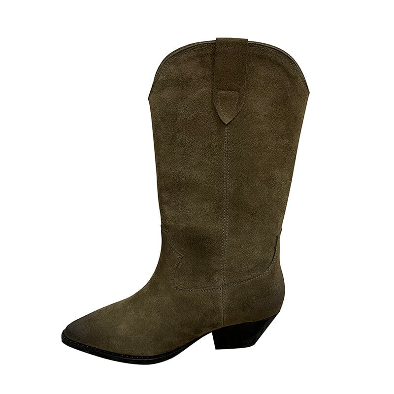 Womens Western Suede Mid Calf Boots Block Heel - Khaki/Black/Grey/Brown Cowgirl Boots All Genuine Leather