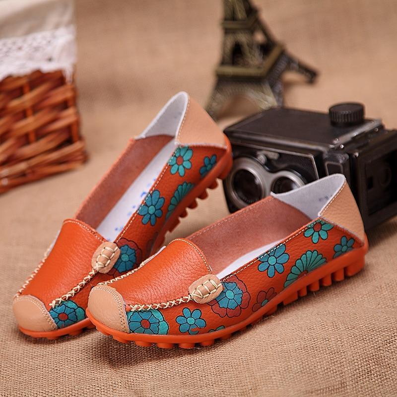 Fashion Ballet Summer Flower Print Shoes Genuine Leathe Loafers Ladies Flats Shoes