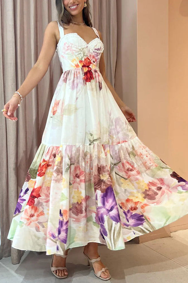 Romantic Date Floral Ruffle Detail Pocketed Corset Maxi Formal / Vacation Dress