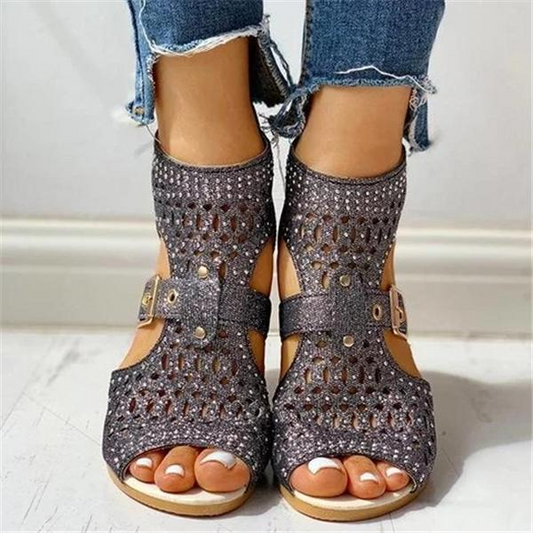 Women Summer Sandals Studded Hollow Out Peep Toe Buckled Sandals