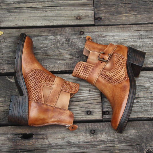 Women'S Handmade Leather Ankle Boots Comfortable Walking Retro Boots With Buckles Brown