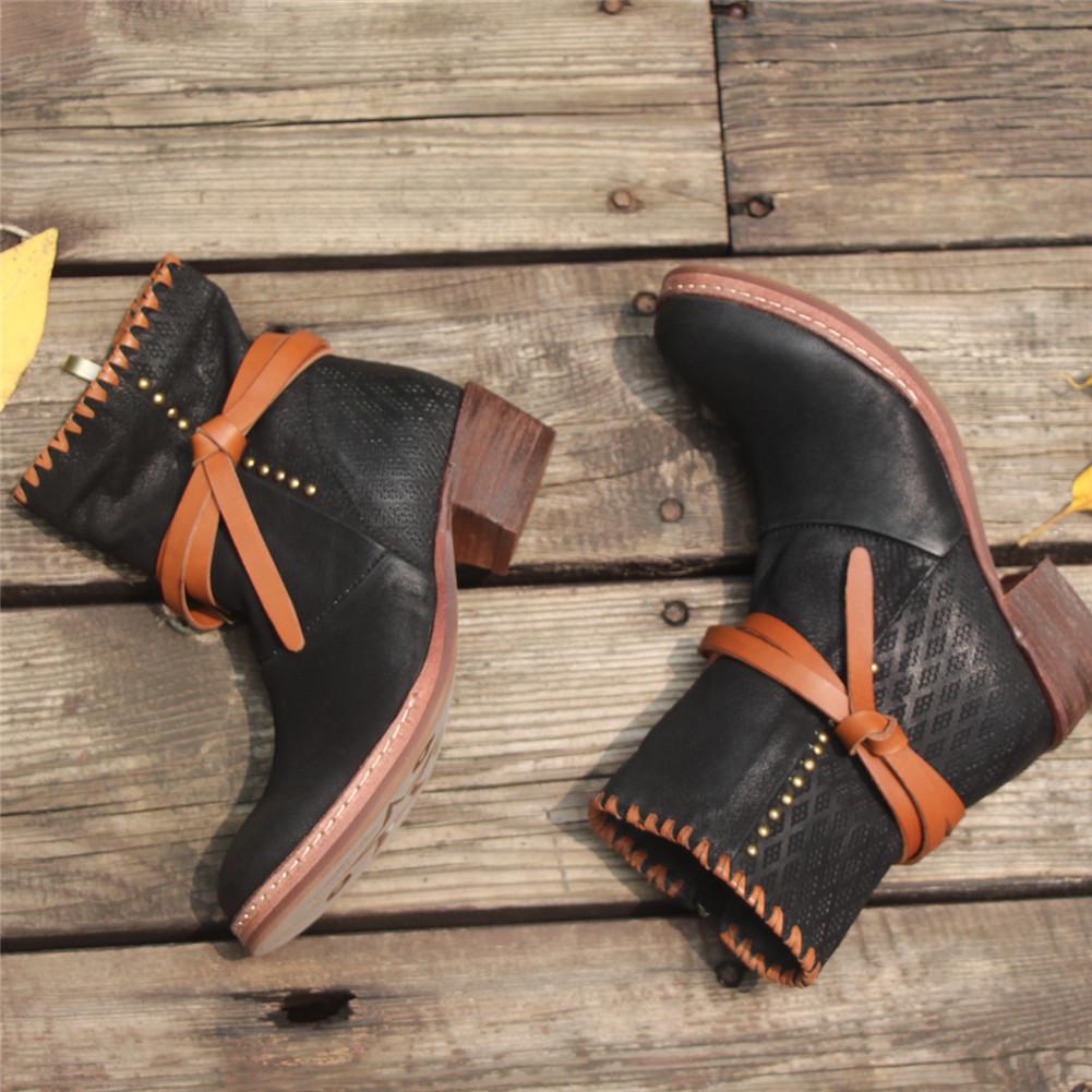 Women'S Leather Heeled Ankle Boots Retro Rivet Comfortable Walking Round Toe Black