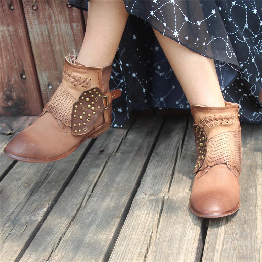 Women'S Handmade Sheepskin Ankle Boots Comfortable Walking Round Toe Retro Rivet Boots With Buckles Brown