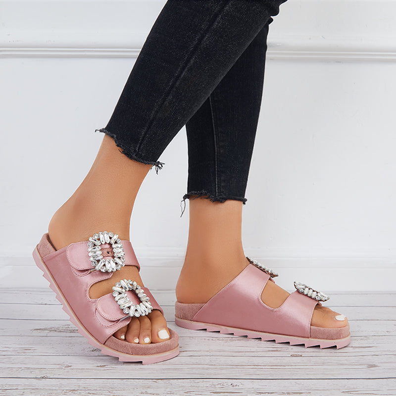 Rhinestone Velcro Platform Slides Slip on Flat Sandals Slippers