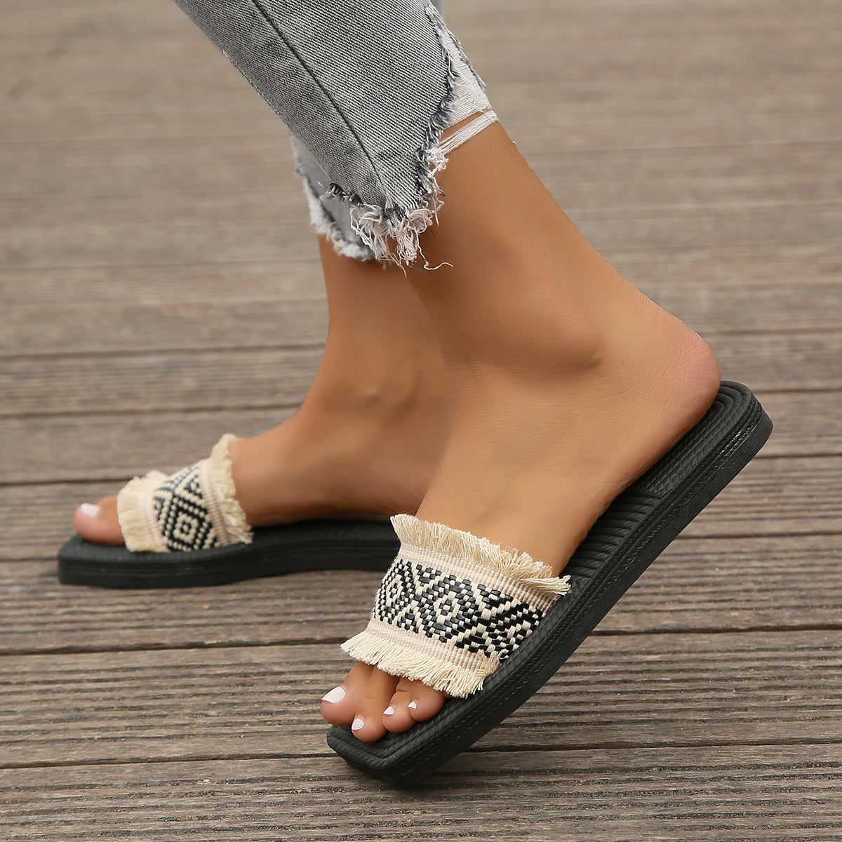 Women Flat Slippers Square Open Toe Slide Sandals