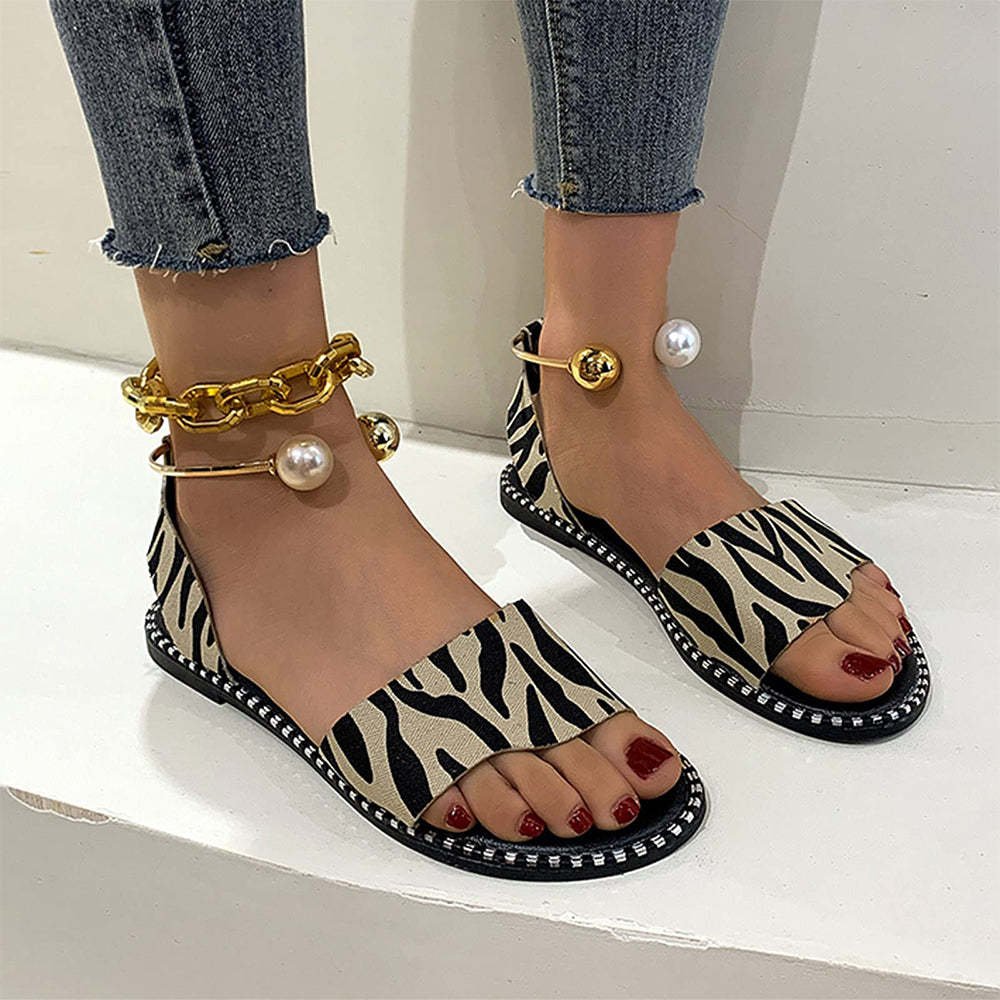 Fashion Casual Open Toe Pearl Decor Flat Sandals