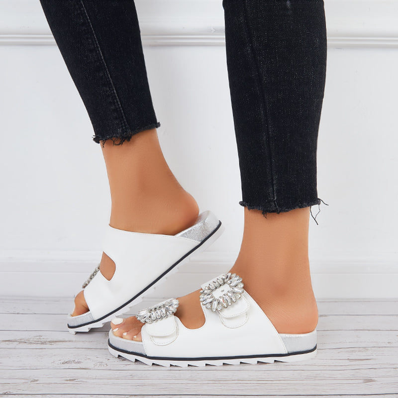 Rhinestone Velcro Platform Slides Slip on Flat Sandals Slippers