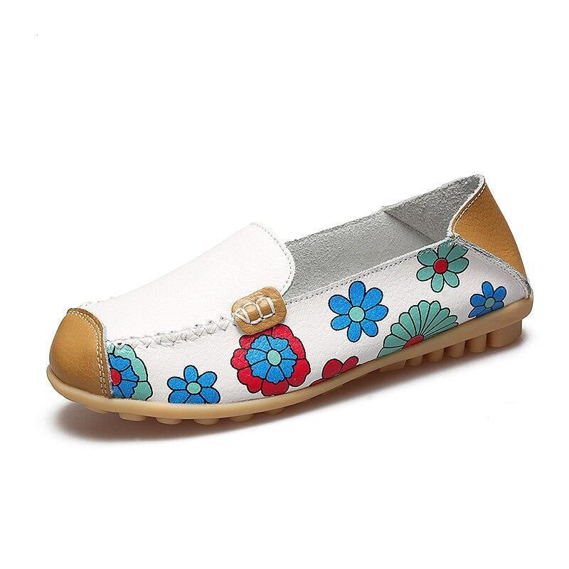 Fashion Ballet Summer Flower Print Shoes Genuine Leathe Loafers Ladies Flats Shoes