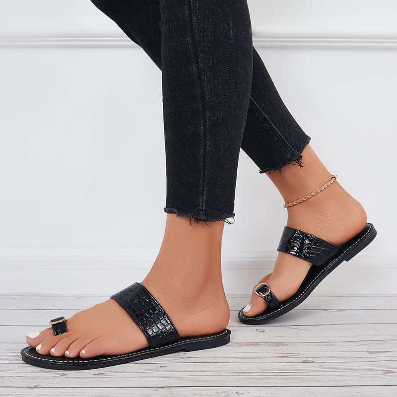 Black Toe Ring Slide Sandals Wide Flat Slippers