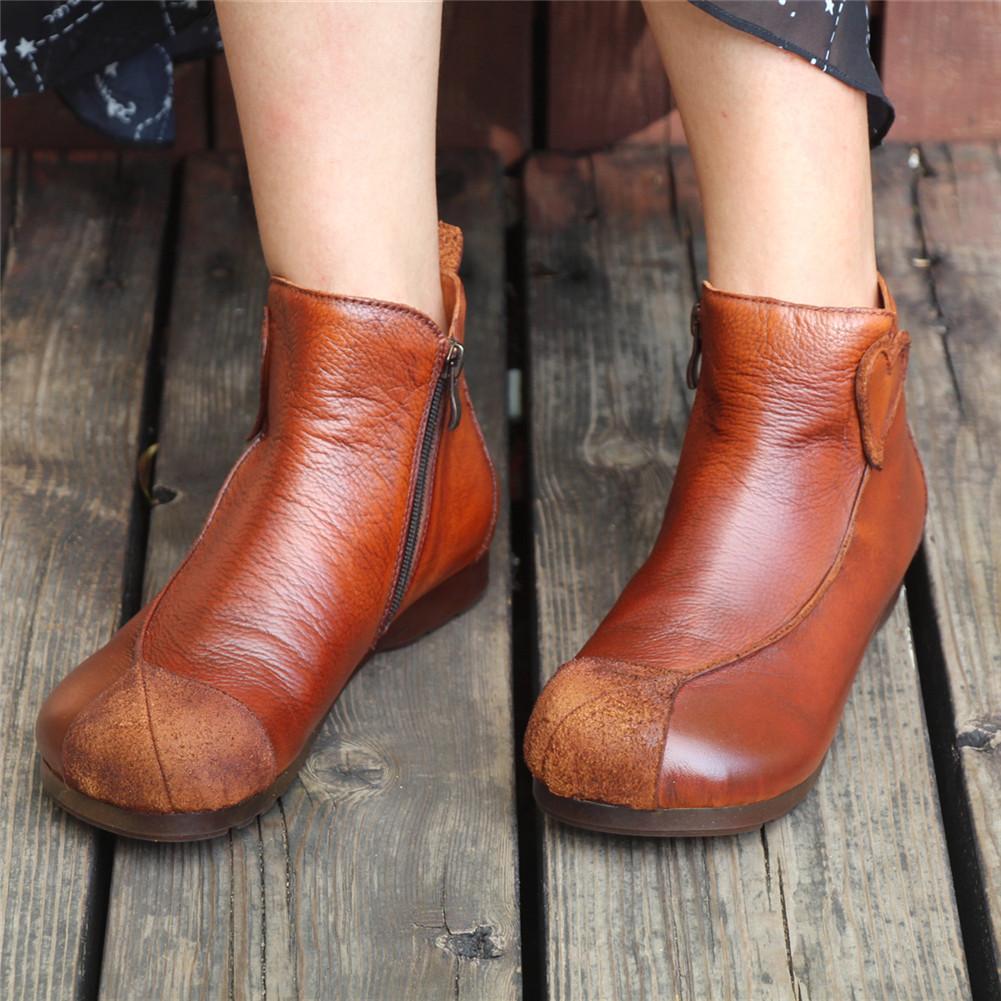 Womens Handmade Leather Short Boots Flat Ankle Boots Original Design Brown/Black