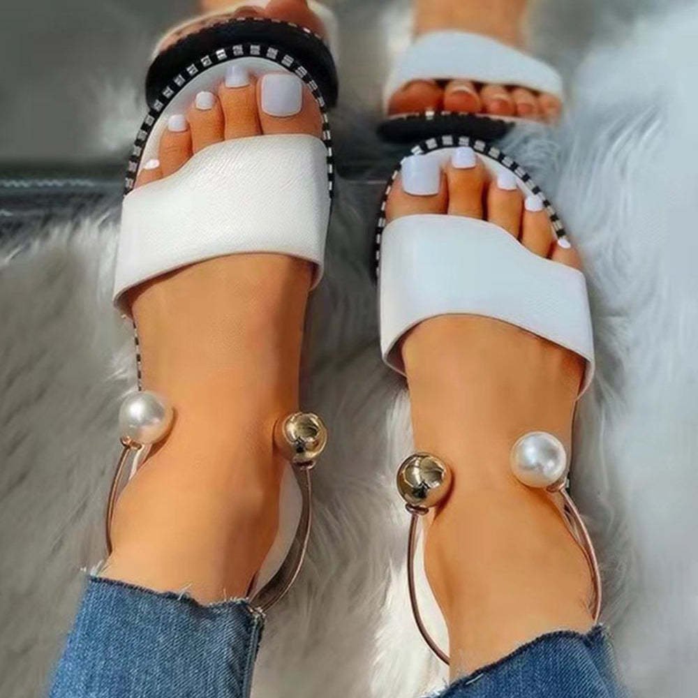 Fashion Casual Open Toe Pearl Decor Flat Sandals