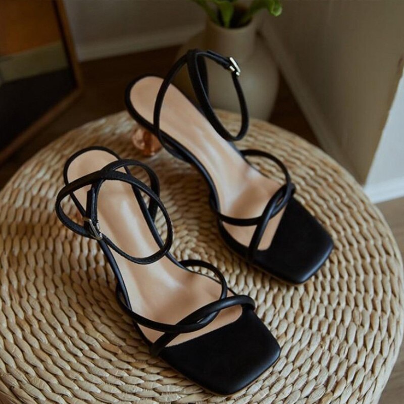 Square Toe Mid Heels Peep Toe Backstrap Sandals