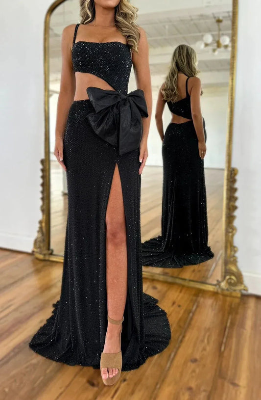 Sexy Sling Backless Slit Shiny Bow Dress