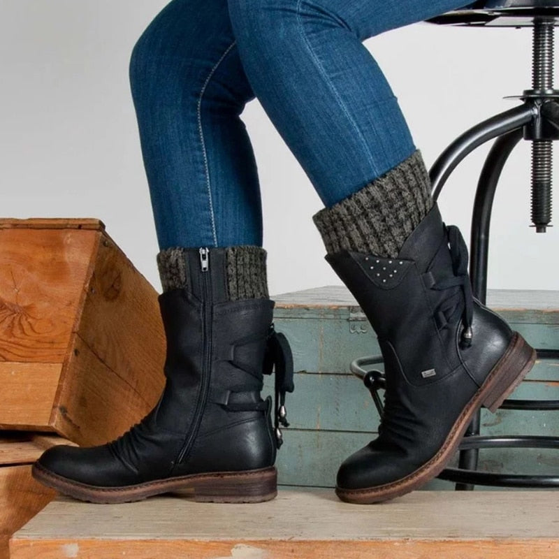 Suede Mid-Calf Tie Up Boot