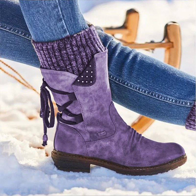 Suede Mid-Calf Tie Up Boot