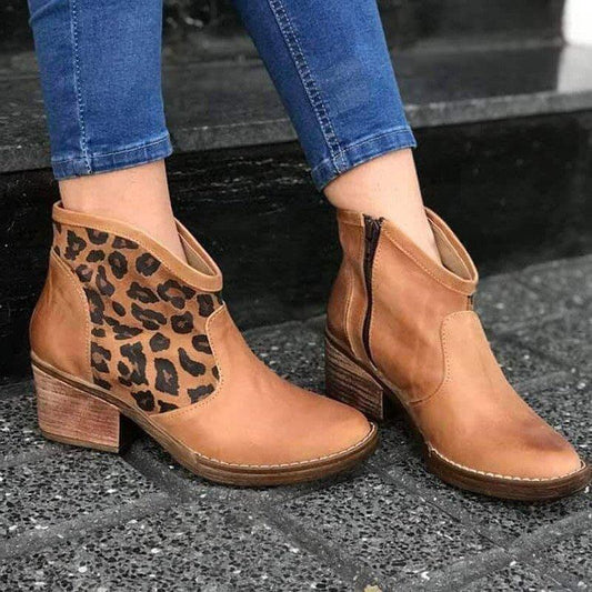 Retro Leopard Ankle Square Heels Boots