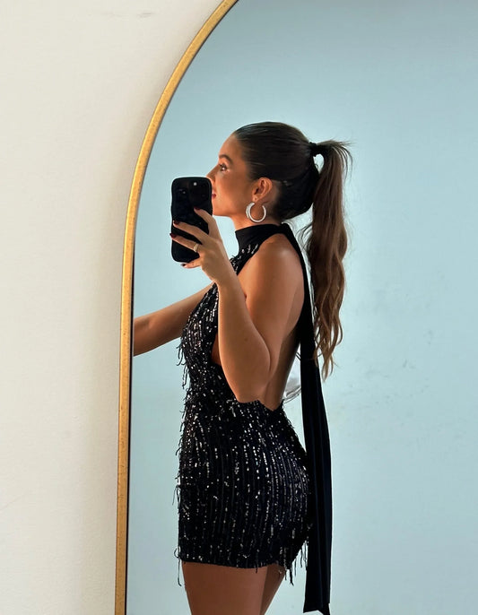 Sexy Sleeveless Halter Bare Back Shiny Tassel Mini Skirt
