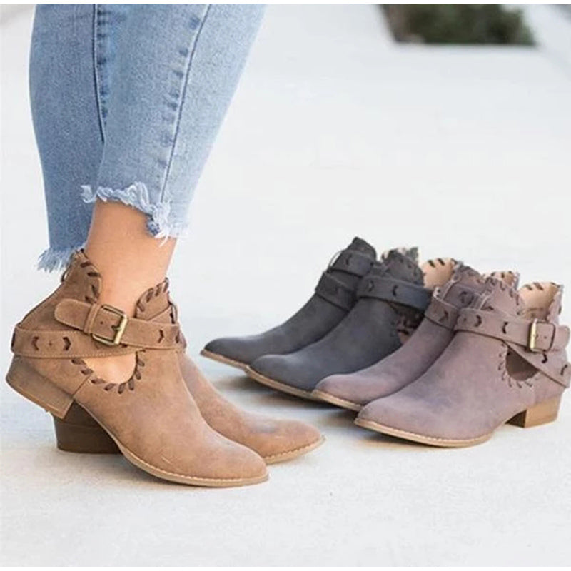 Suede Bcukle Strap Zip Sewing Boots