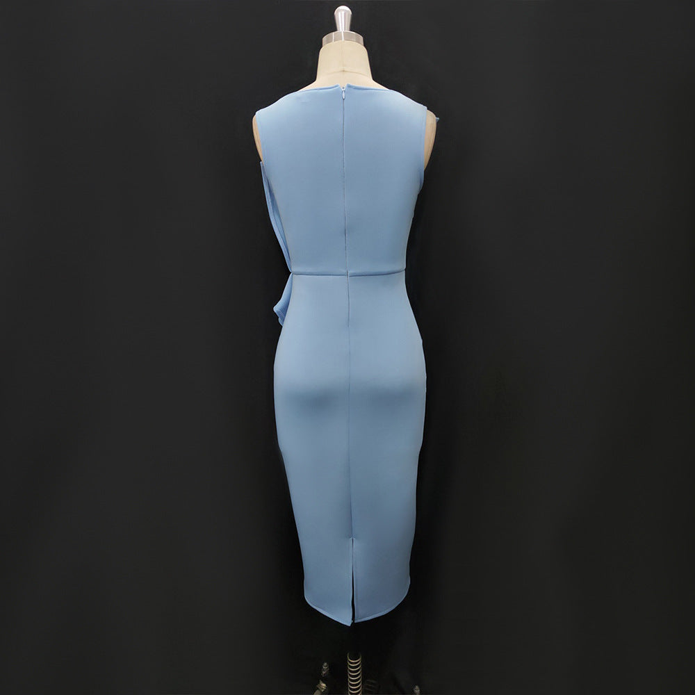 Vintage  Elegant O-Neck Sleeveless Women Ruffles Pencil Dress
