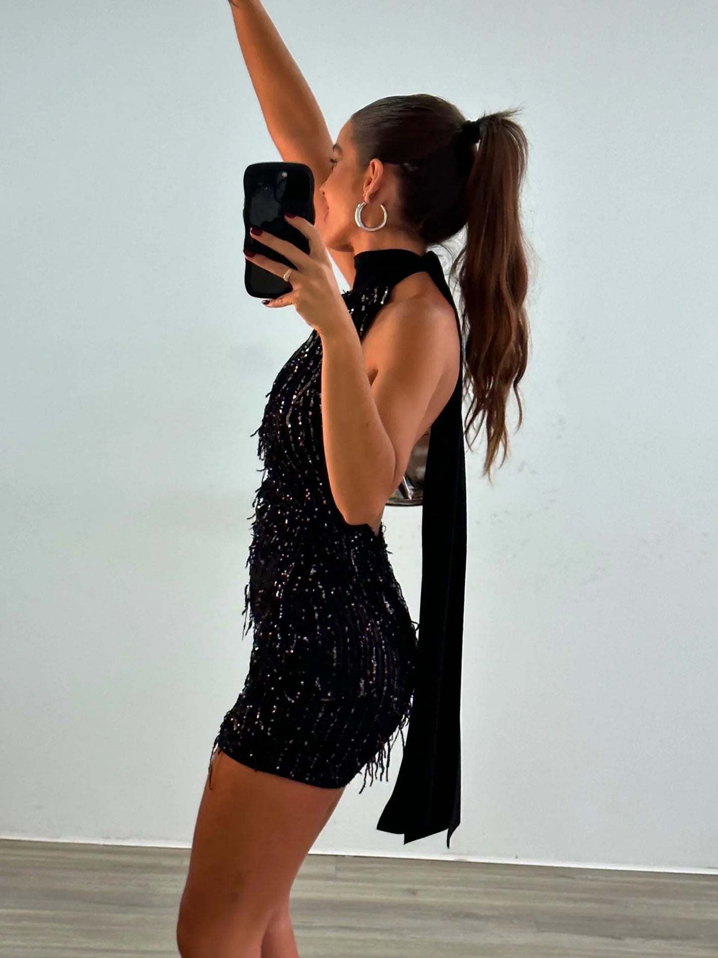 Sexy Sleeveless Halter Bare Back Shiny Tassel Mini Skirt