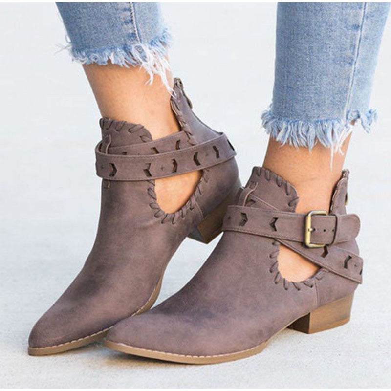 Suede Bcukle Strap Zip Sewing Boots