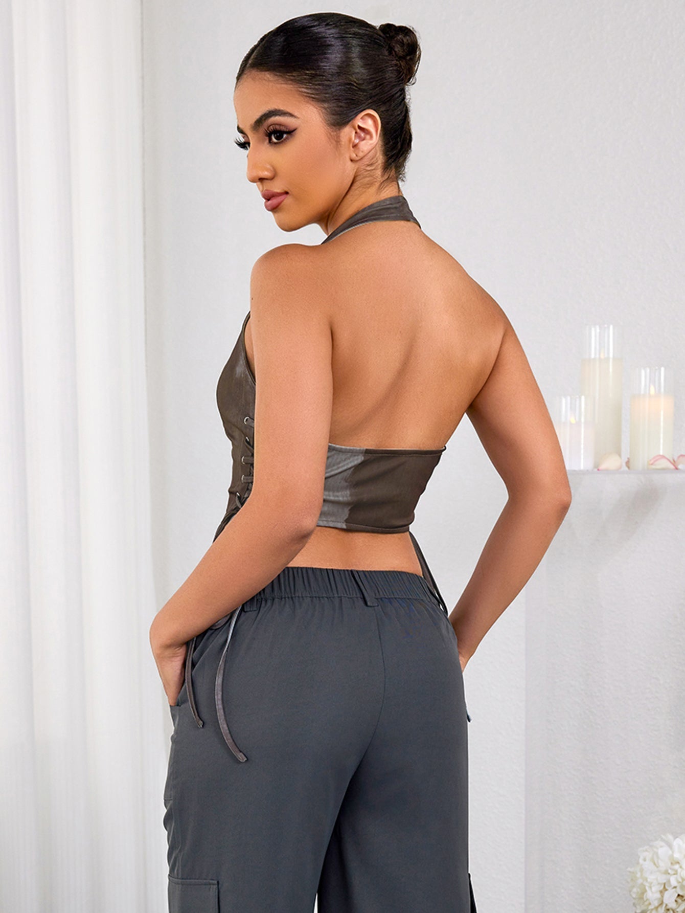 Halter Deep V-Neck Asymmetrical Hem Crop Top