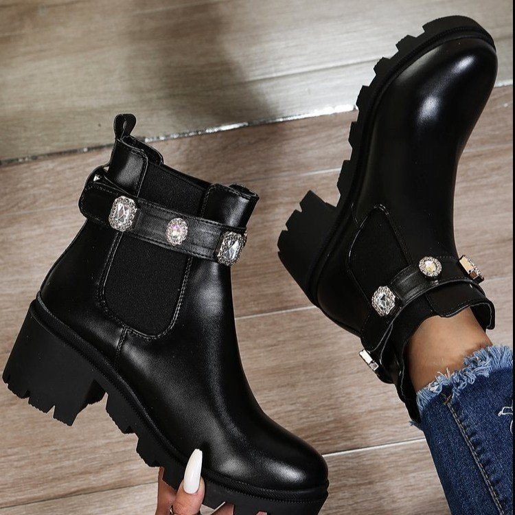Square Heel Rhinestone Non-slip Boots