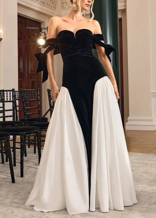 Sexy Sleeveless Cold-Shoulder Bandeau Slim-Fit Black and White Color Contrast Patchwork Dress