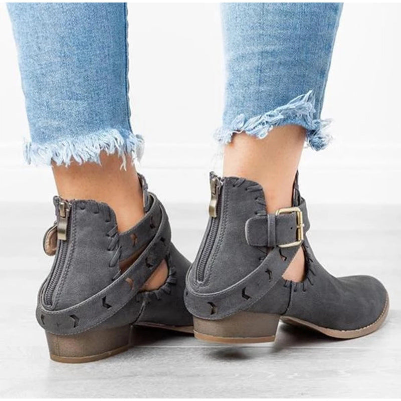 Suede Bcukle Strap Zip Sewing Boots