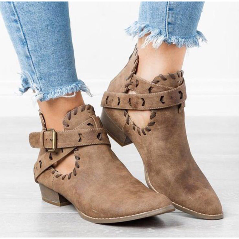 Suede Bcukle Strap Zip Sewing Boots