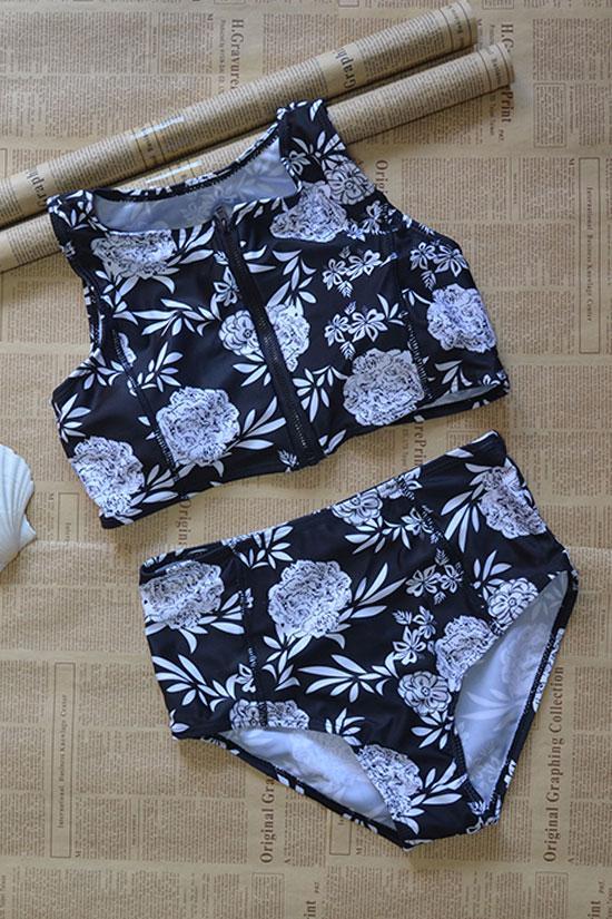 Black High Waist Zipper High Neck Rash Guard Crop Bikini