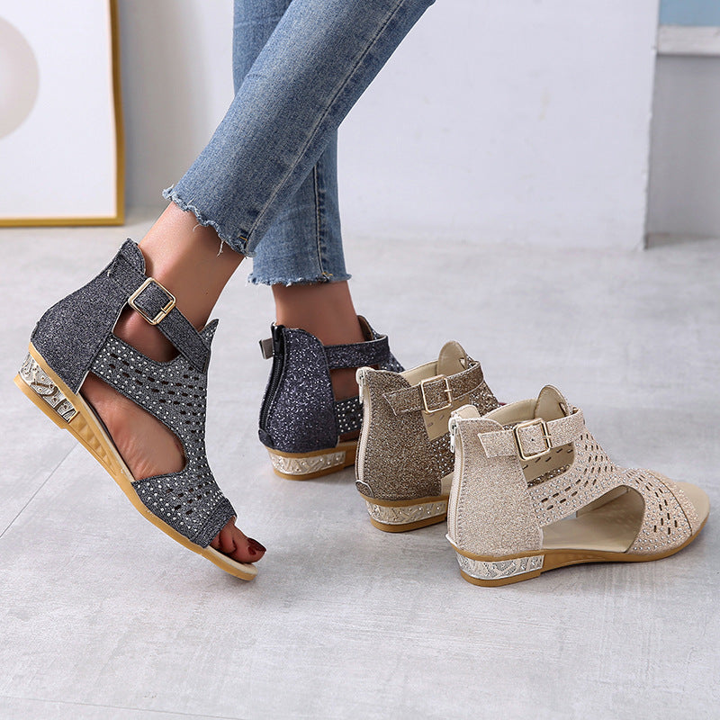 Open Toe Hollow Rhinestone Roman Sandals
