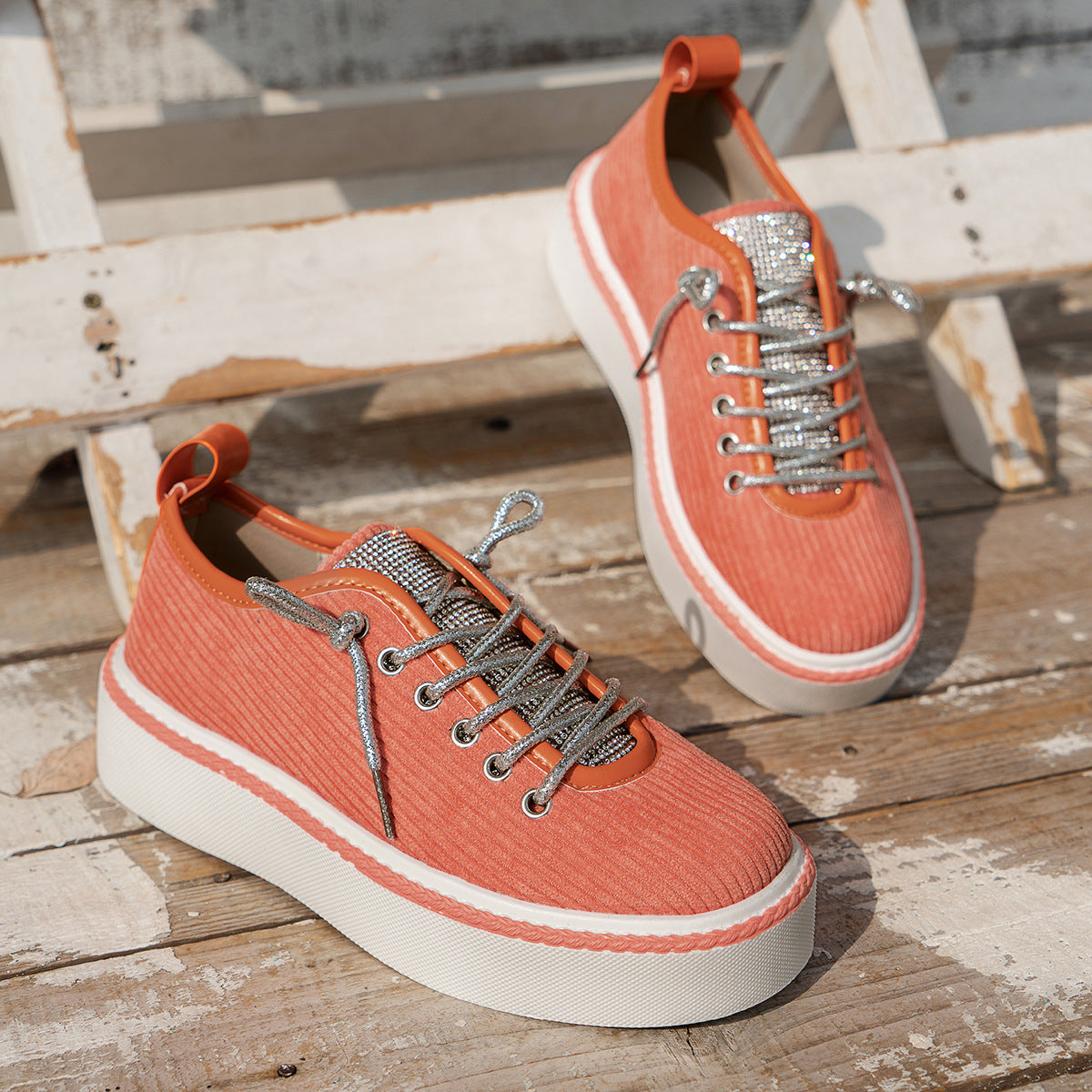 Shimmering Silver Lace-up Tongue Textile Athletic Shoes