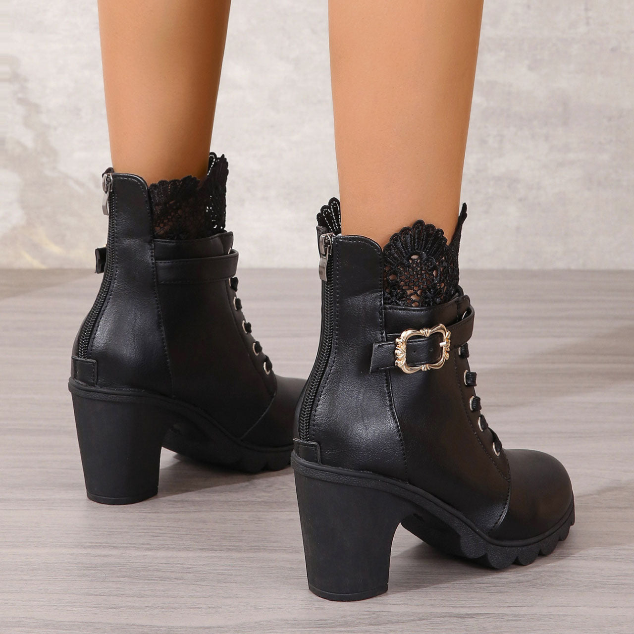 Thick heel lace lace up short boots