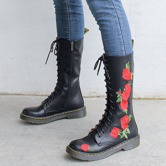 Lace-up embroidered mid-calf boots