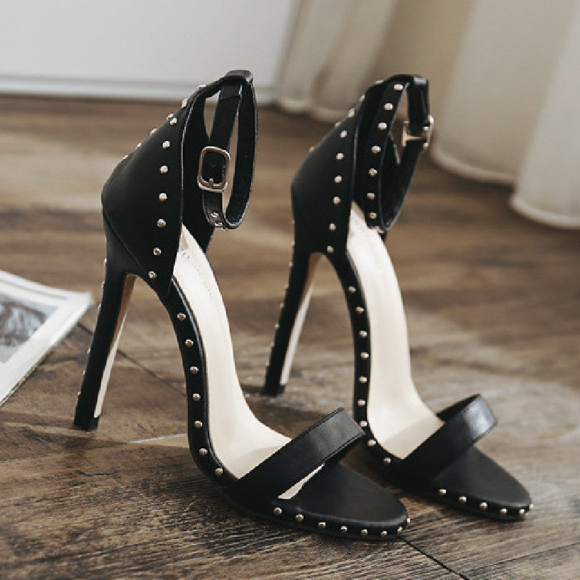 Thin Heel PU Leather Rivet Peep Toe Shoes